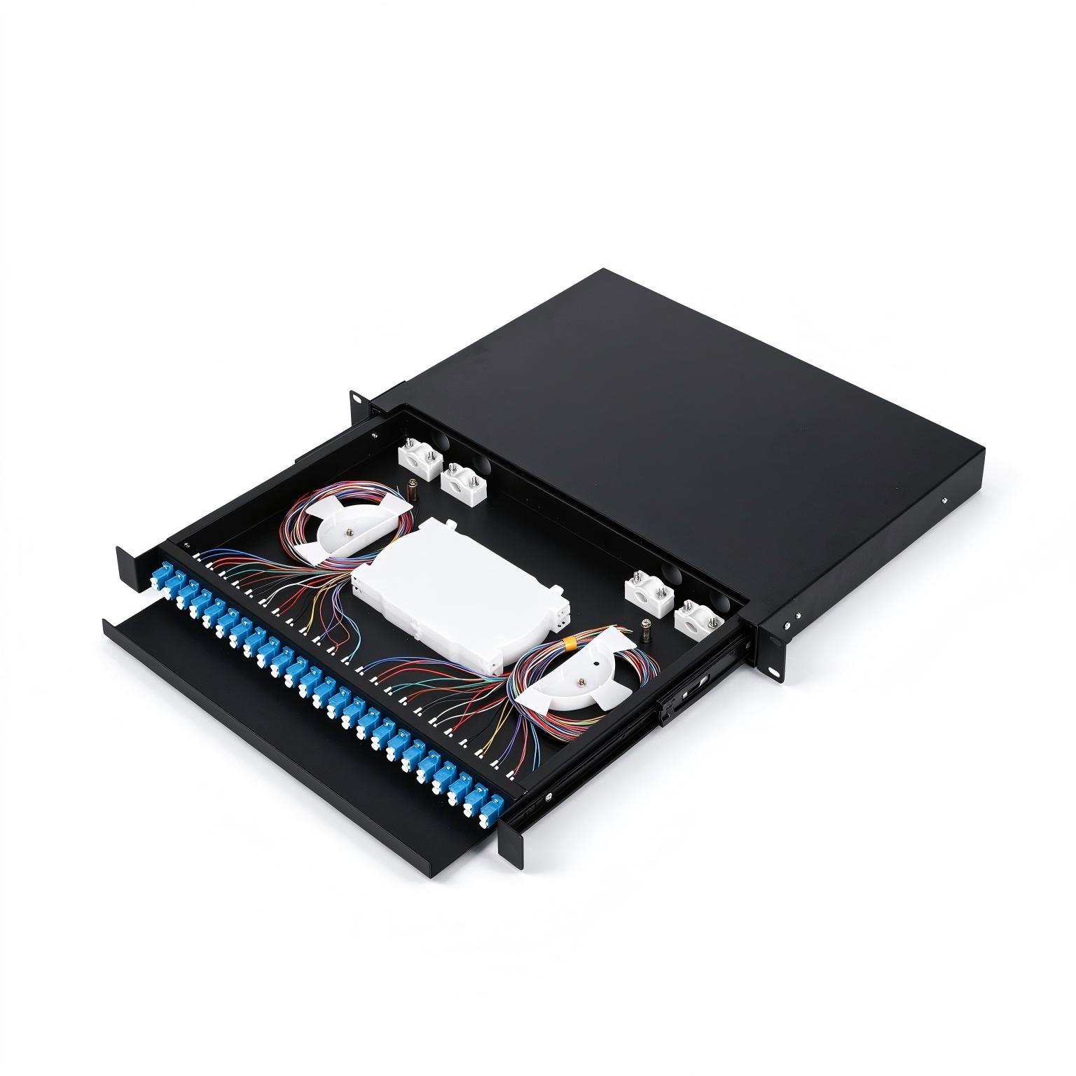 1U 19''24 Ports LC/SC (FC/ST) Fiber Patch Panel Sliding Type with Front Cable Tray, Black Color